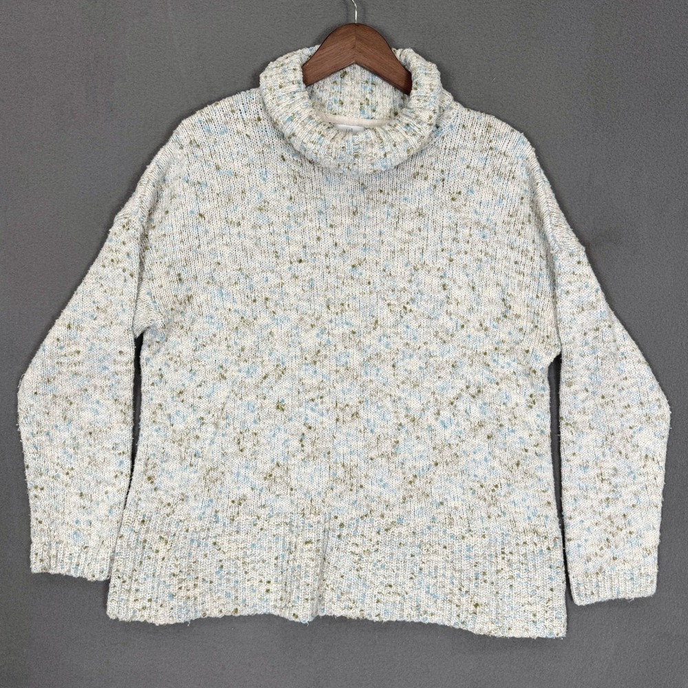J. Jill Cowl Neck Sweater Women L Blue Green Marled Cotton Blend Cozy Boho Knit